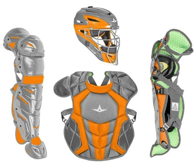 All Star System7 Axis NOCSAE Certified Two Tone Baseball Catcher's Gear Set - Ages 12-16 Graphite/Orange 3 All Star System7 Axis NOCSAE Certified Two Tone Baseball Catcher's Gear Set - Ages 12-16 Graphite/Orange - Image 3